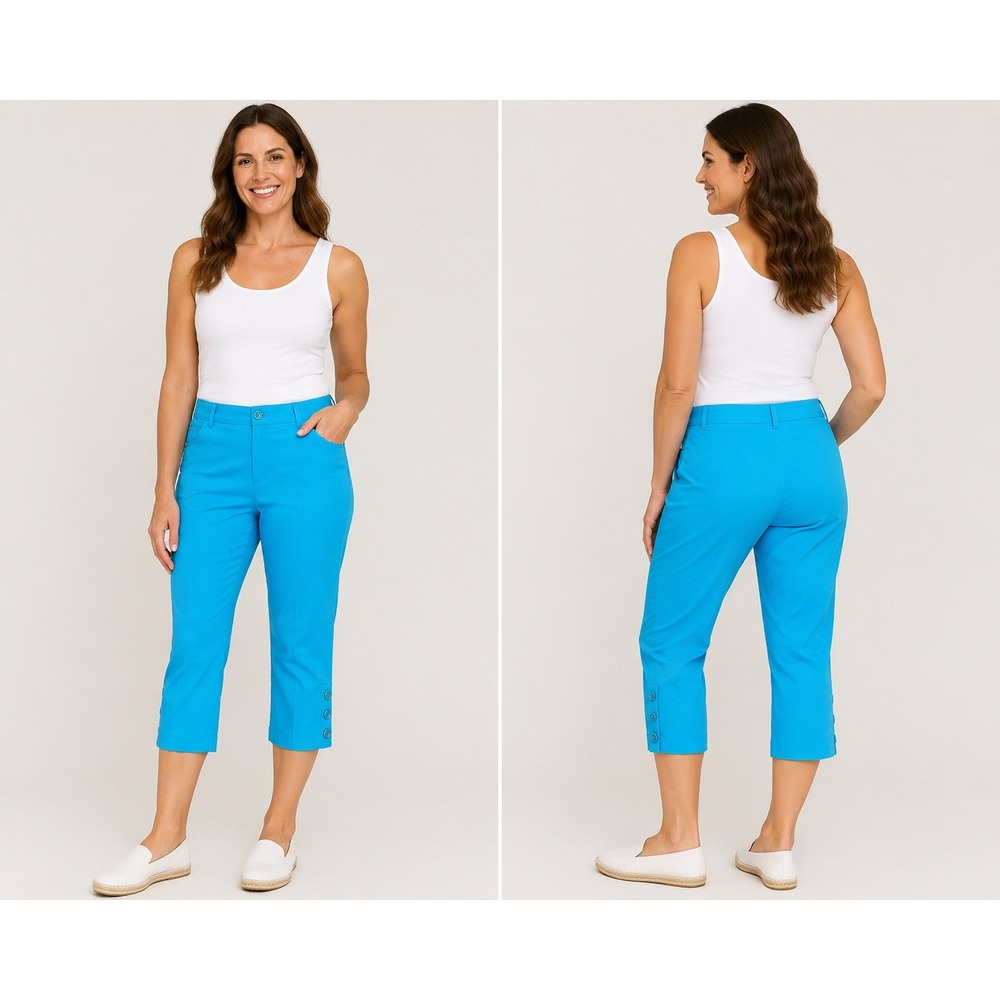 Counterparts Womens Turquoise Blue Button Hem Crop Capri Pants 14 2021585HA